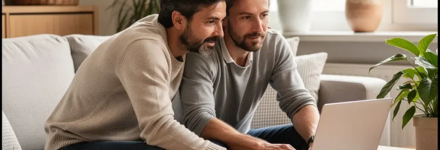 Couple français consultant une simulation de prêt immobilier sur ordinateur portable