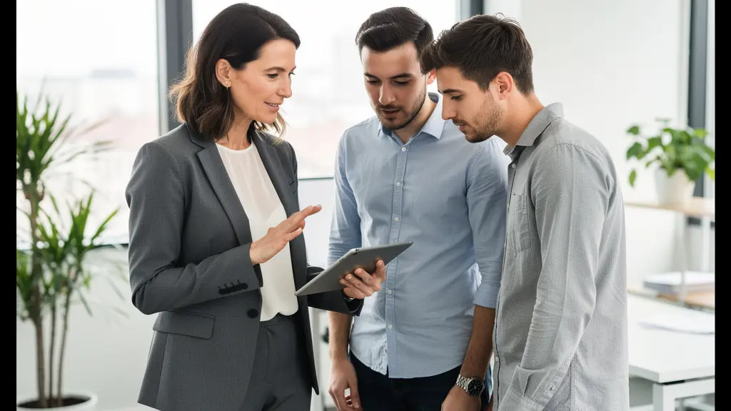 Courtière professionnelle expliquant une offre de prêt sur tablette à des clients