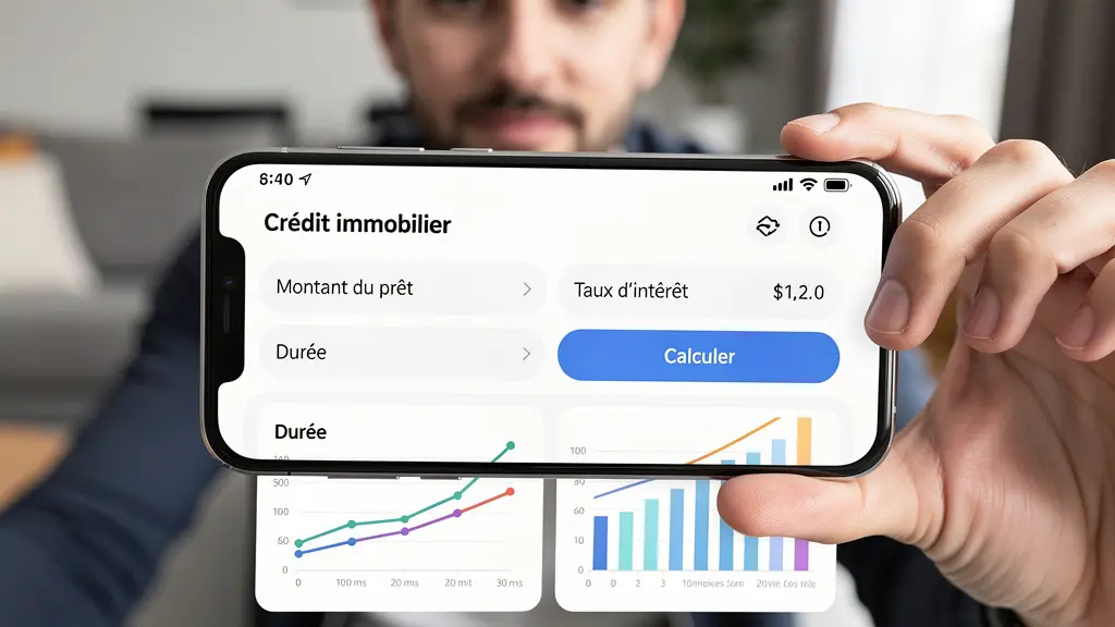 Homme utilisant un simulateur de prêt immobilier sur smartphone
