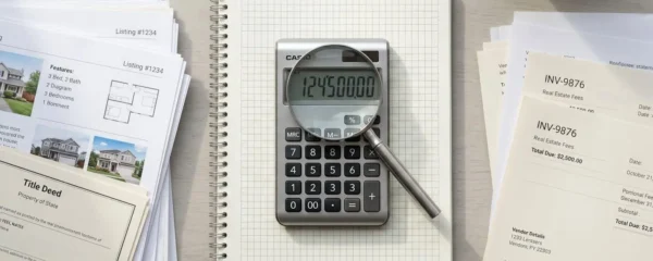 Calculatrice argentée sur un carnet quadrillé, entourée de documents immobiliers rangés et d'une loupe, symbolisant la clarté budgétaire.