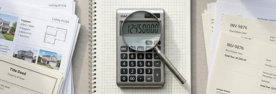 Calculatrice argentée sur un carnet quadrillé, entourée de documents immobiliers rangés et d'une loupe, symbolisant la clarté budgétaire.