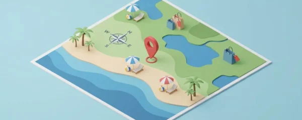 Illustration isométrique d'une carte avec boussole et icônes de plage et commerces.