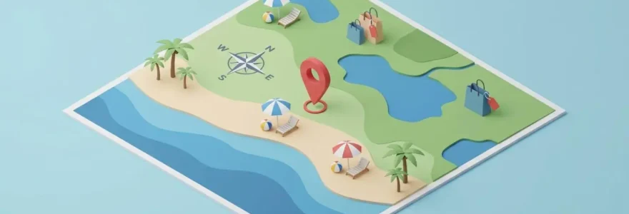 Illustration isométrique d'une carte avec boussole et icônes de plage et commerces.