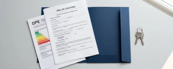 Chemise administrative bleue ouverte sur bureau bois clair contenant documents location organisés, avec tampon CONFORME vert
