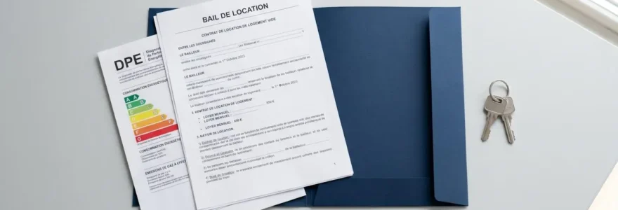Chemise administrative bleue ouverte sur bureau bois clair contenant documents location organisés, avec tampon CONFORME vert