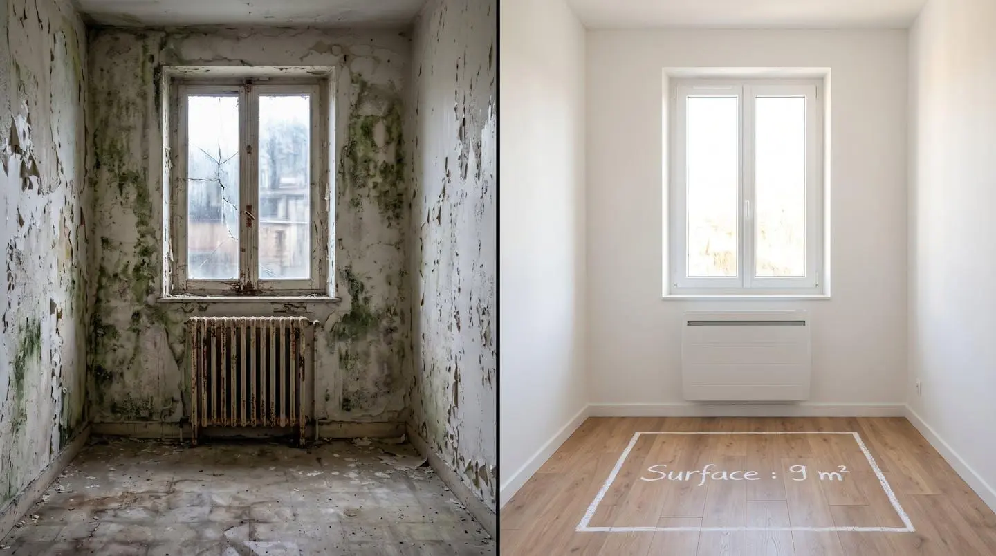 Comparaison avant-après d'un studio : gauche état dégradé non-conforme (humidité, vétusté), droite rénové conforme critères décence (murs sains, équipements modernes)