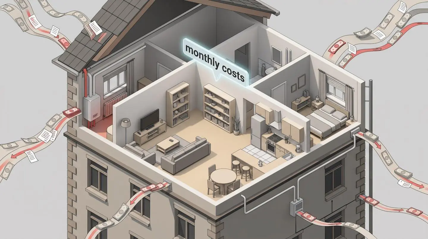 Illustration isométrique d'un appartement en coupe, avec des pièces qui s'écoulent du toit, des murs et de la chaudière, représentant les charges et la taxe foncière.