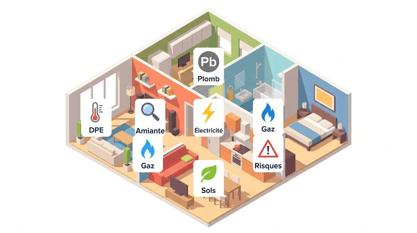 Illustration isométrique appartement avec 7 icônes diagnostics techniques obligatoires superposées (DPE, amiante, plomb, électricité, gaz, risques, pollution)