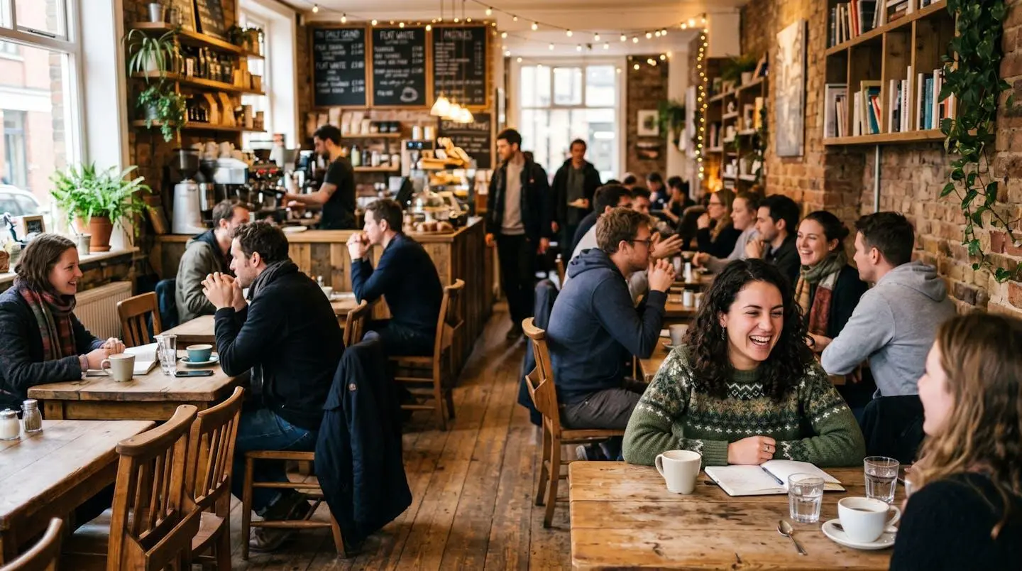 Une femme lit des commentaires sur un écran d'ordinateur portable dans un café.