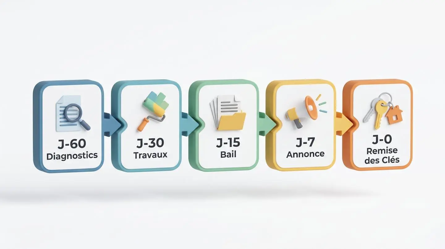 Timeline horizontale 5 étapes mise en location : diagnostics J-60, travaux J-30, bail J-15, annonce J-7, signature J0