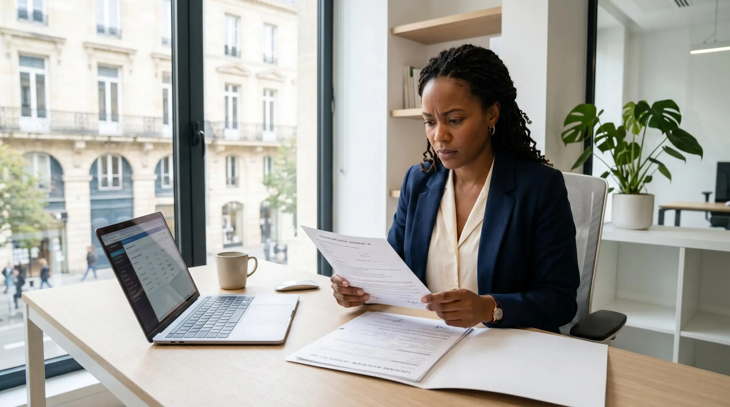 Administrateur de biens analysant attentivement un dossier de candidature locataire sur un bureau épuré dans une agence immobilière moderne