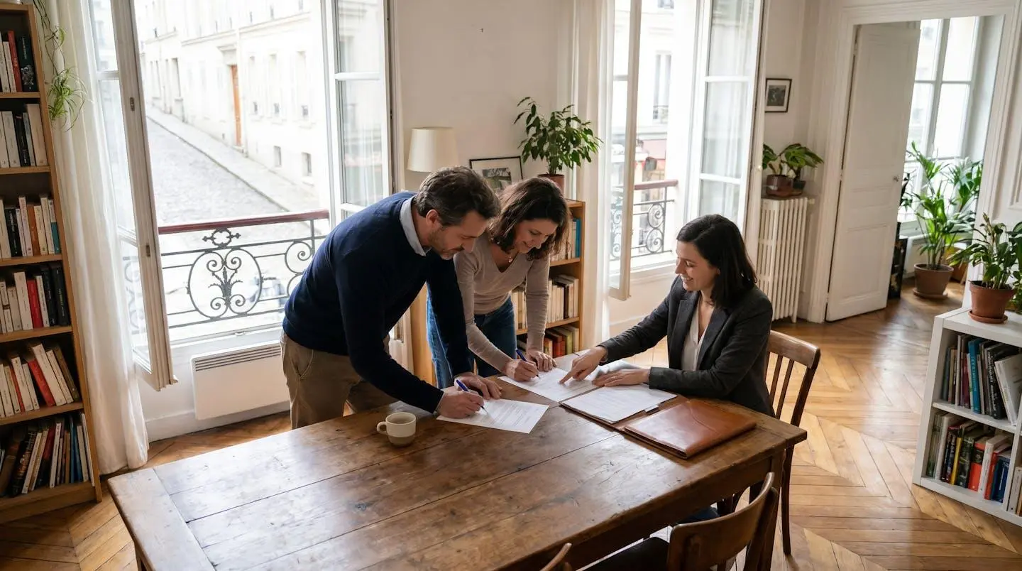Bailleur et locataire procédant à la signature d'un contrat de bail accompagnés d'un professionnel de l'immobilier