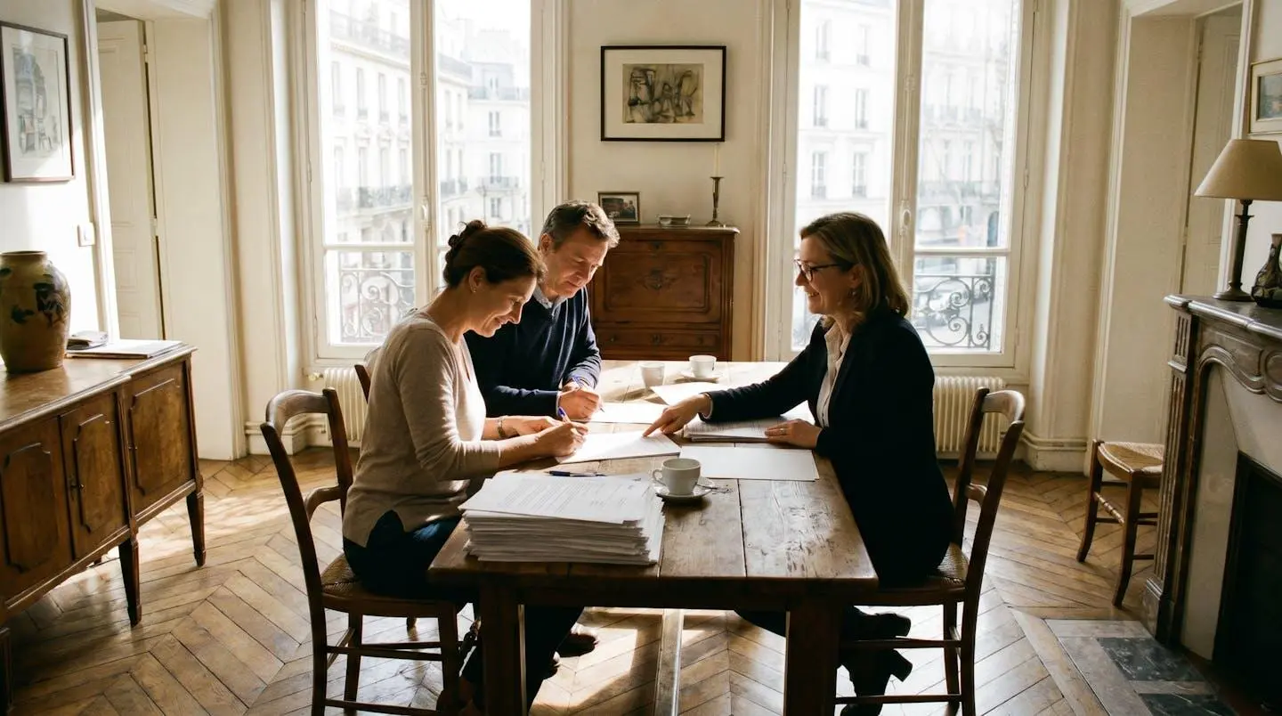 Bailleur et locataire procédant à la signature d'un contrat de bail accompagnés d'un professionnel de l'immobilier