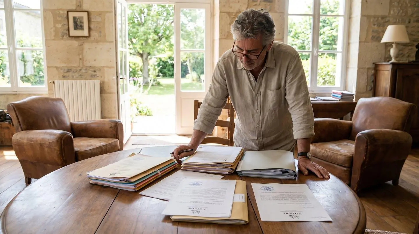 Propriétaire parcourant des documents administratifs pour préparer la mise en location de son appartement