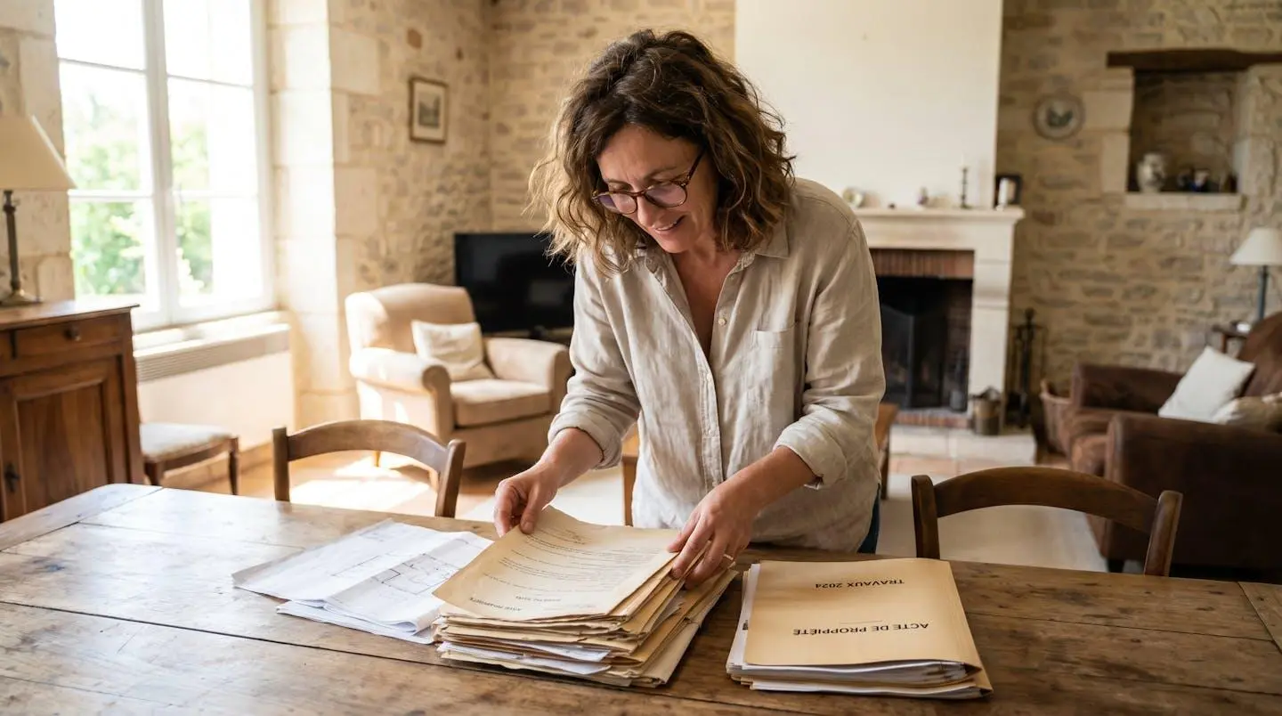 Propriétaire parcourant des documents administratifs pour préparer la mise en location de son appartement
