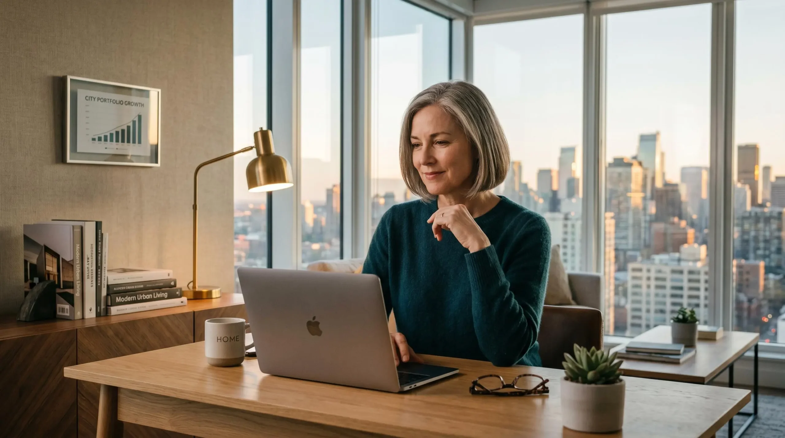 Propriétaire détendu travaillant sur son ordinateur portable depuis son domicile, ayant délégué la gestion locative de son bien à un professionnel