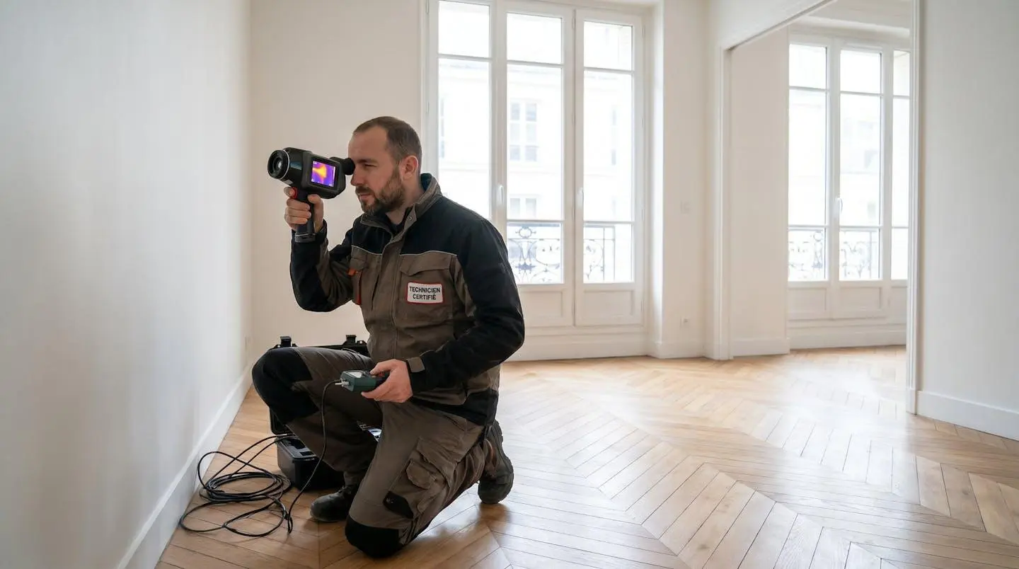 Technicien certifié réalisant un diagnostic de performance énergétique dans un appartement vide avant mise en location
