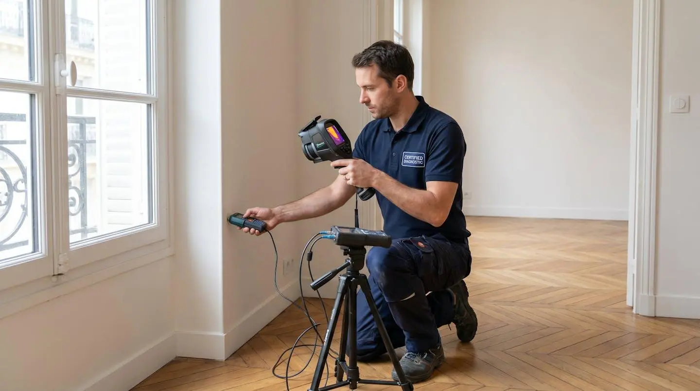 Technicien certifié réalisant un diagnostic de performance énergétique dans un appartement vide avant mise en location