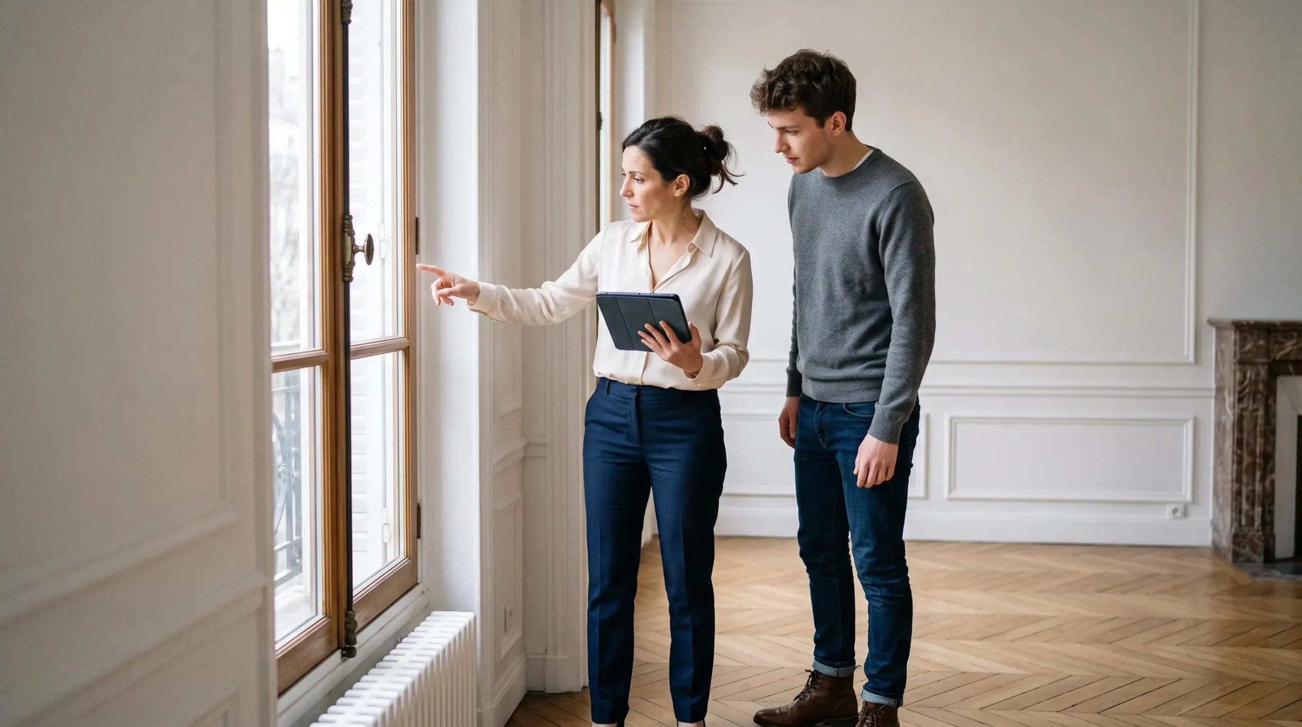 Agent immobilier effectuant un état des lieux d'entrée avec un locataire dans un appartement vide