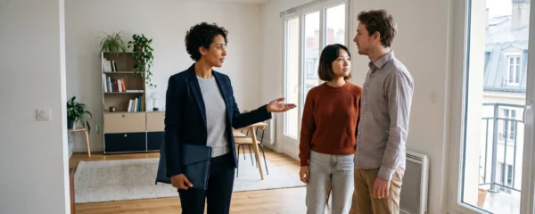 Agent immobilier présentant un appartement lumineux à un couple lors d'une visite de location