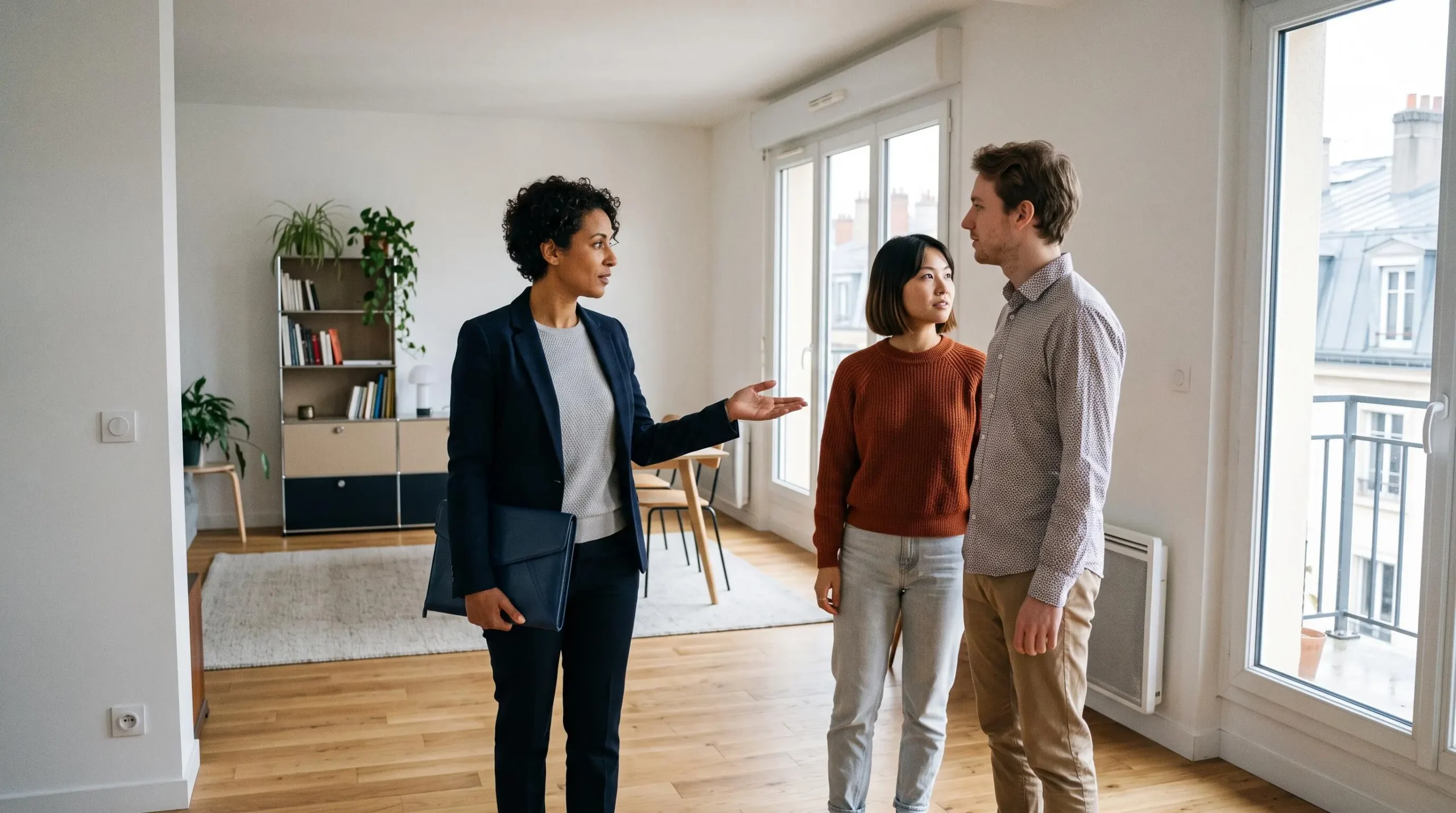 Agent immobilier présentant un appartement lumineux à un couple lors d'une visite de location