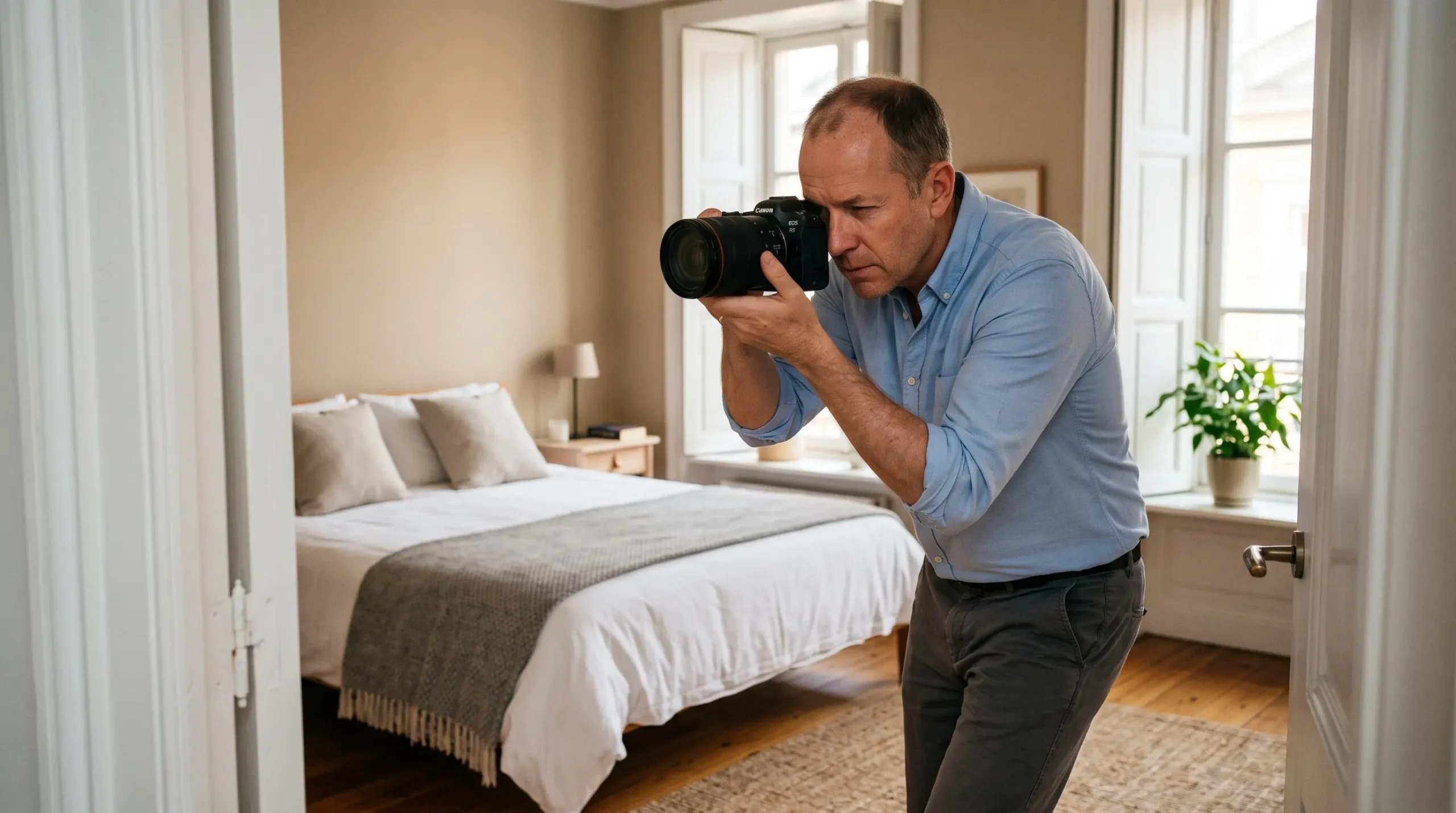 Agent immobilier photographiant l'intérieur d'un appartement pour constituer le dossier de location