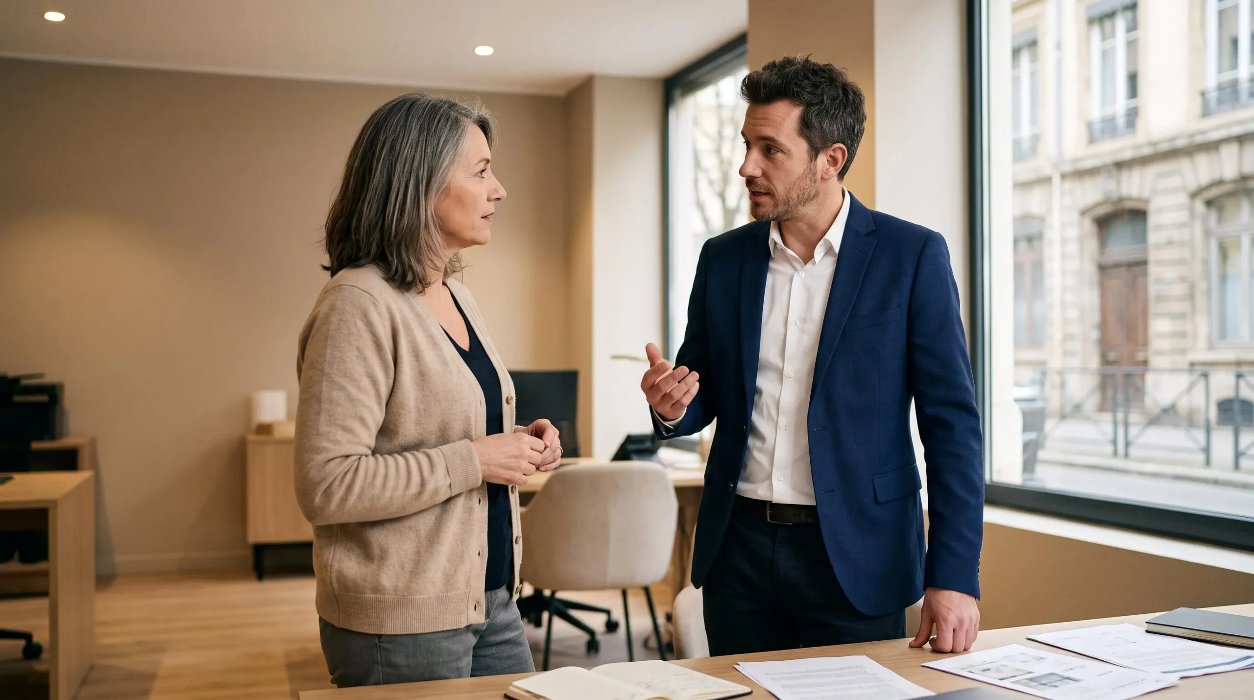 Agent immobilier conseillant une propriétaire sur les services de mise en location lors d'une consultation en agence
