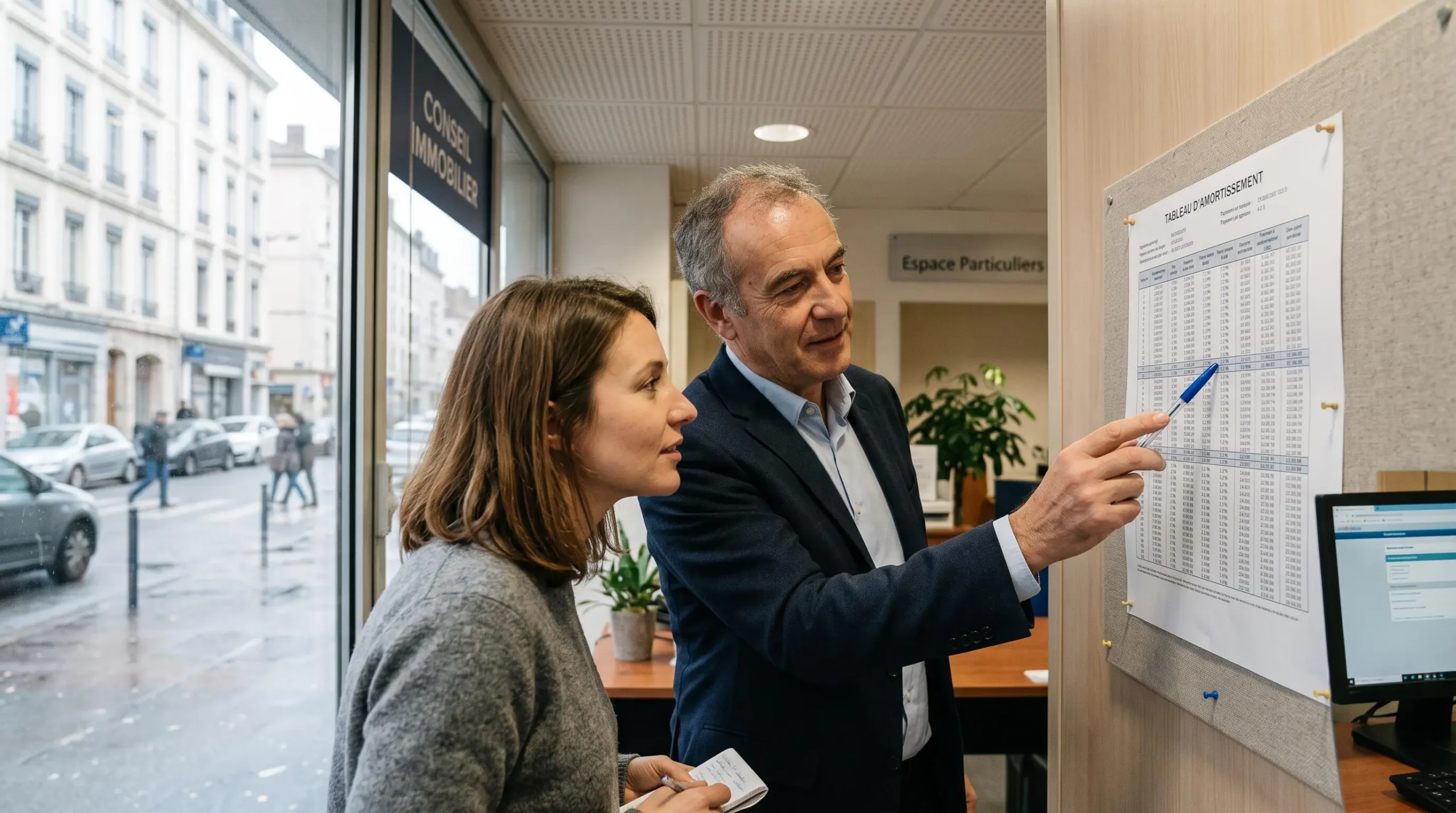 Un conseiller bancaire explique un tableau d'amortissement à un client dans une agence française.