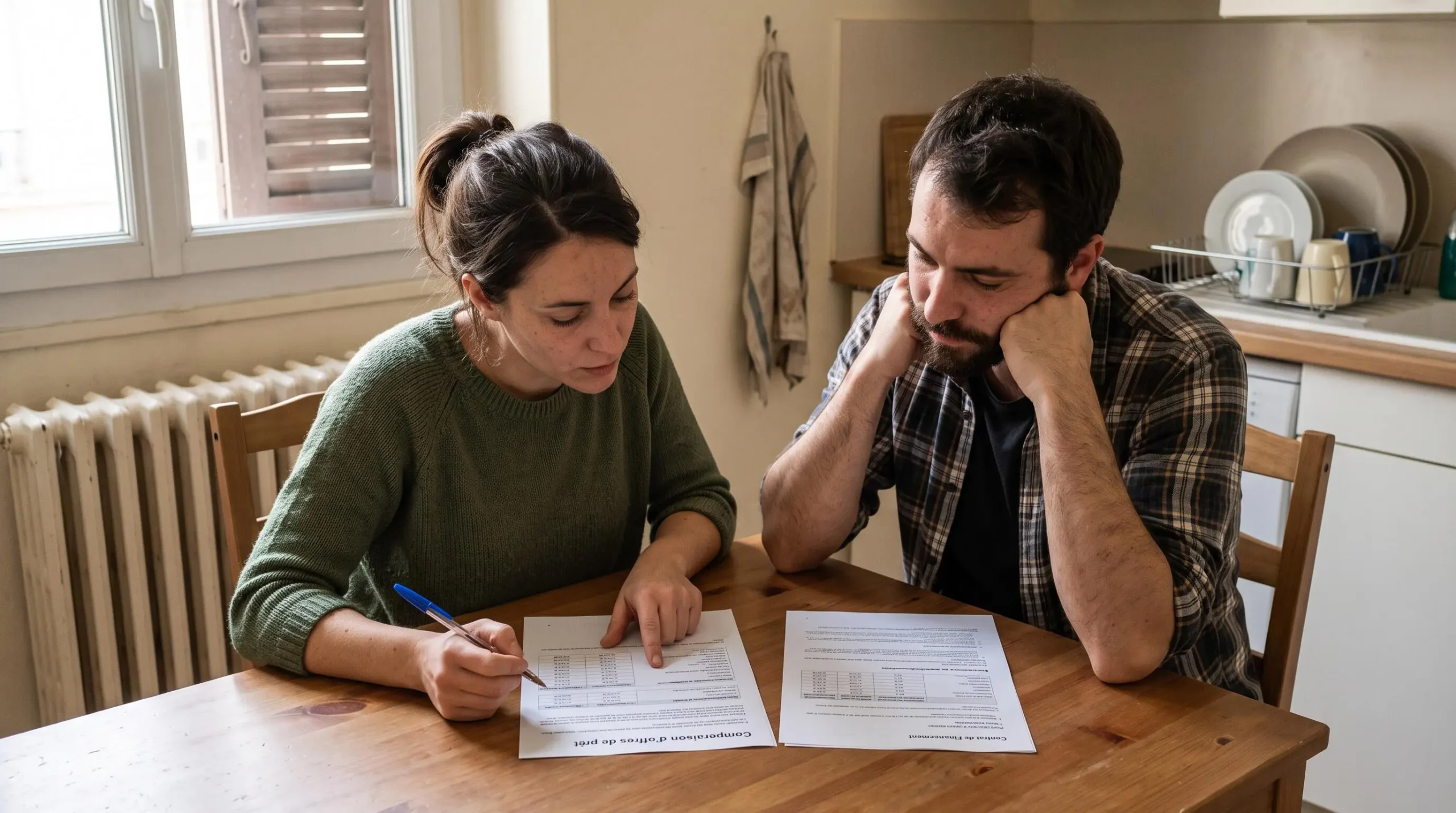 Un couple compare deux propositions de financement bancaire posées sur la table de leur cuisine.
