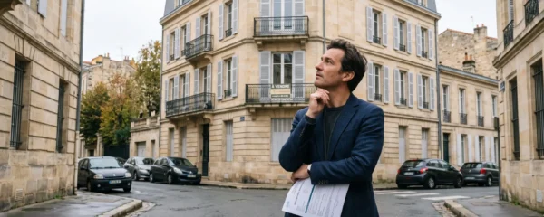 Un investisseur immobilier examine un immeuble résidentiel à vendre dans une rue d'une ville française.
