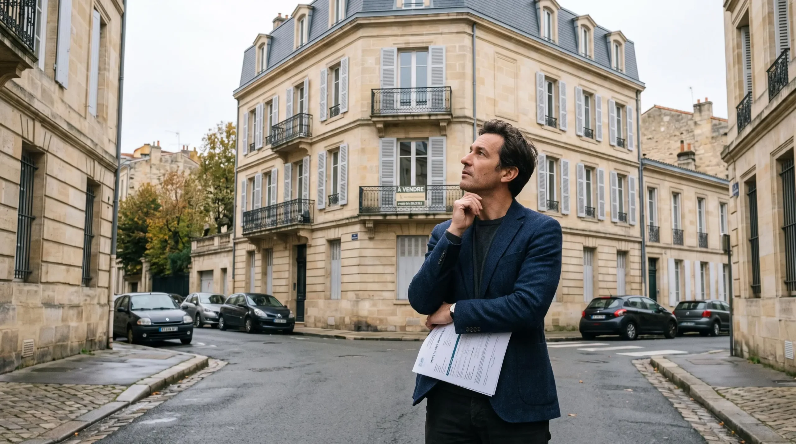 Un investisseur immobilier examine un immeuble résidentiel à vendre dans une rue d'une ville française.